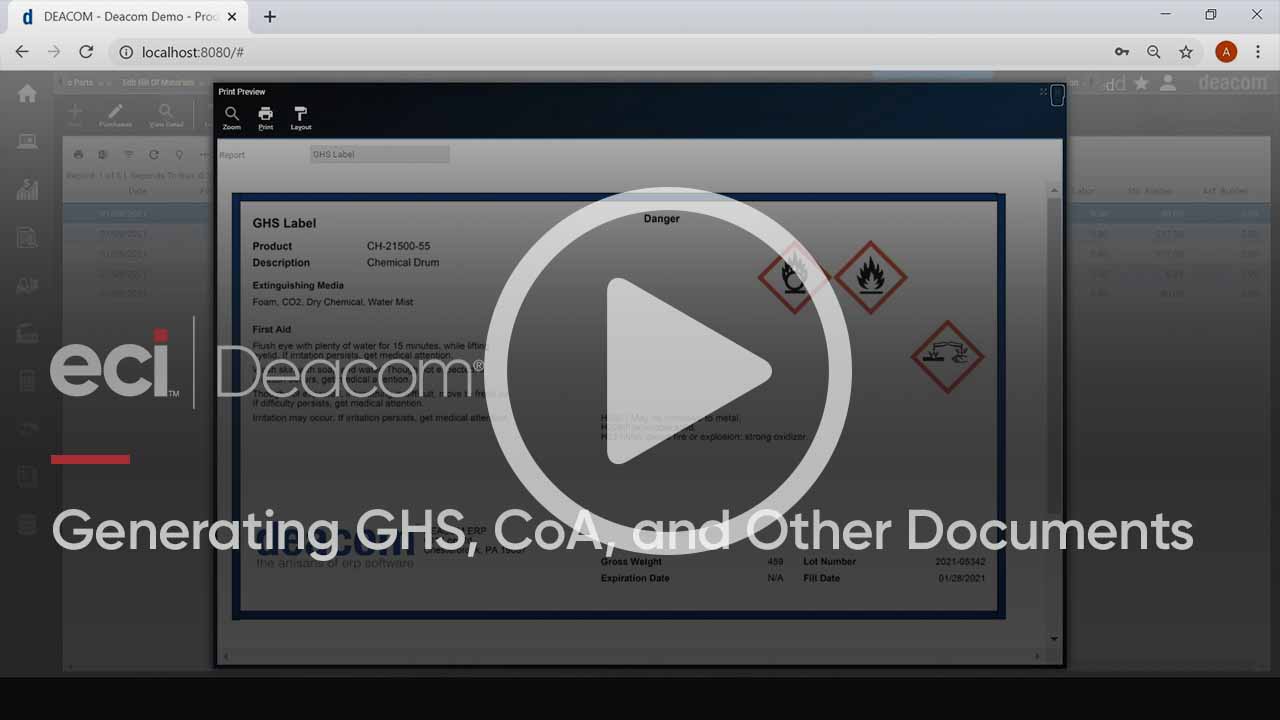 Generating GHS, CoA, and Other Documents with Deacom ERP Software