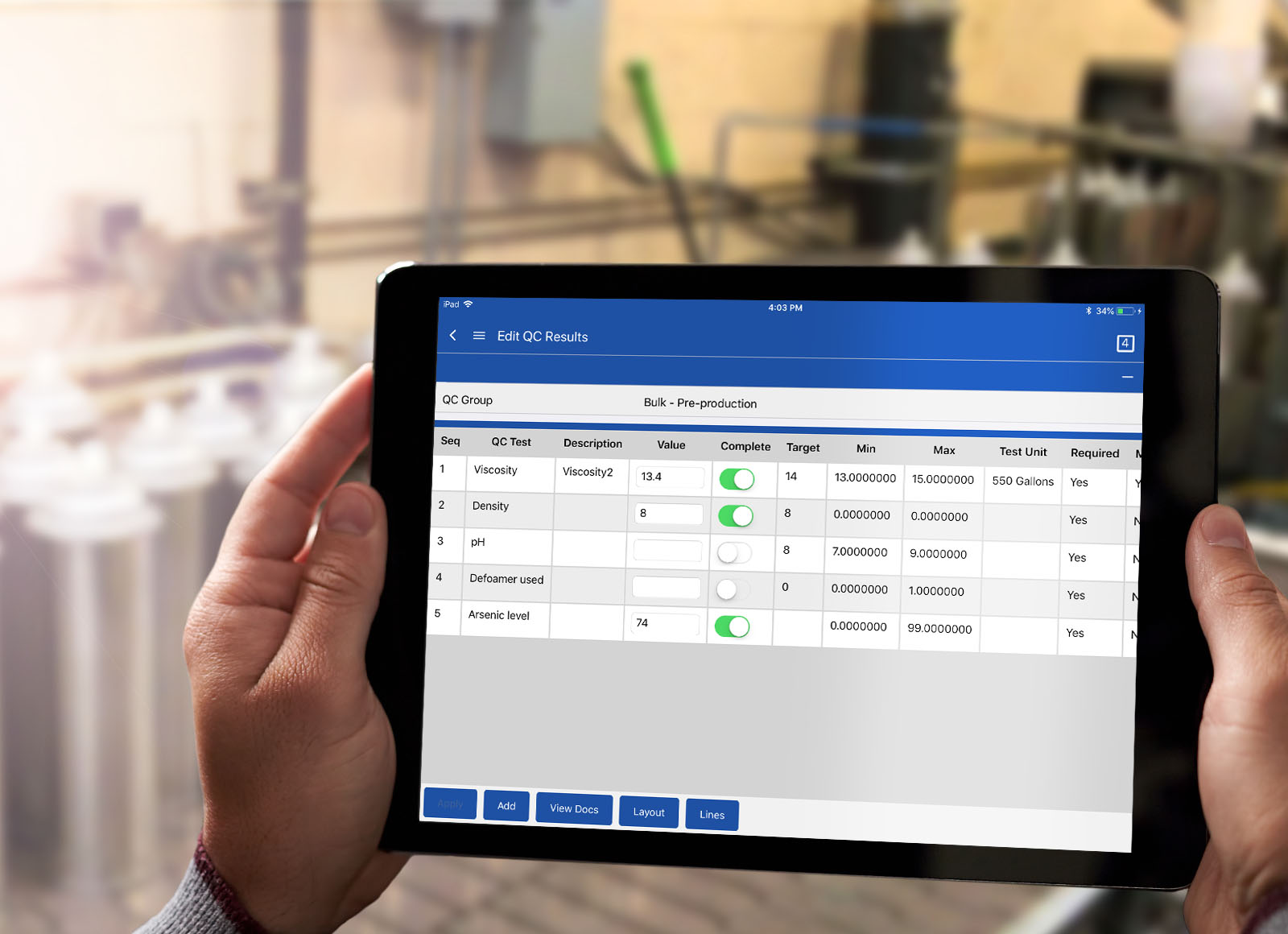 DEACOM ERP Quality Control on a Tablet
