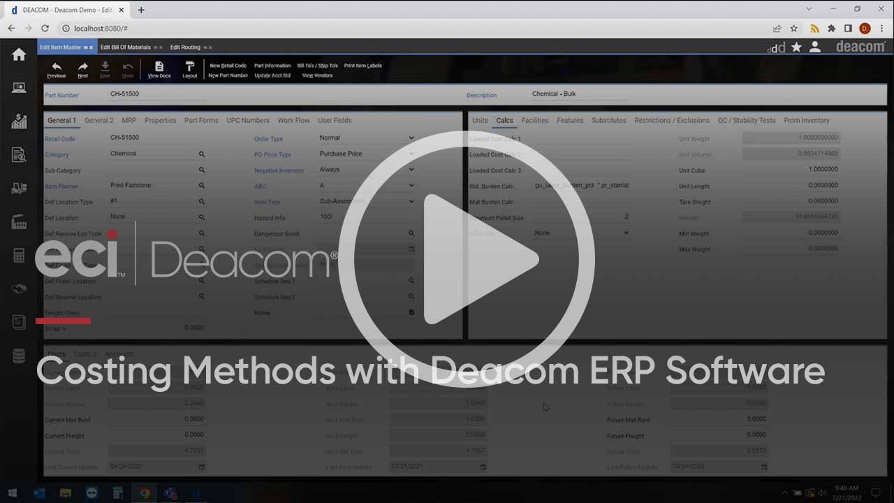 Costing methods with the Deacom ERP system