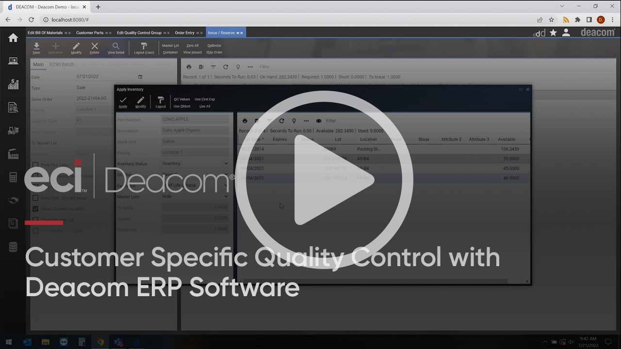 Customer specific quality control with the Deacom ERP system